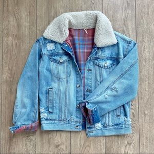 Free People Plaid Lined Denim Sherpa Jacket
